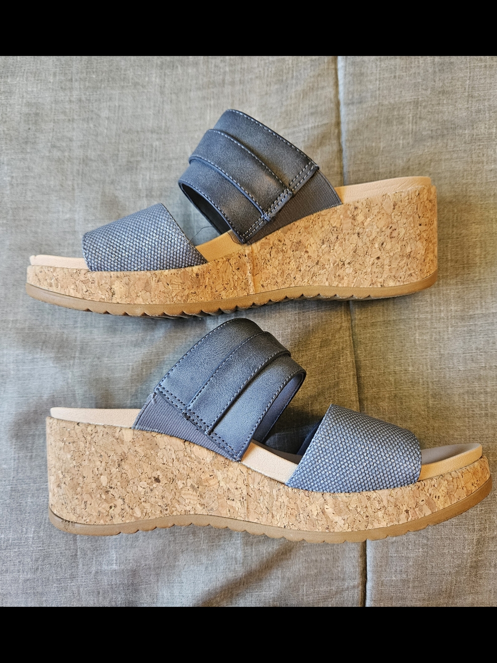 EUC Dr. Scholl's Blue Cork Wedge Slide Sandals with Gold Buckle - Picture 2 of 5